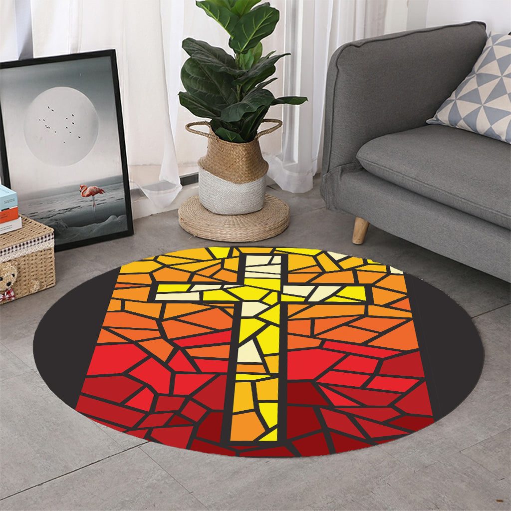 Orange And Red Stained Glass Cross Print Round Rug