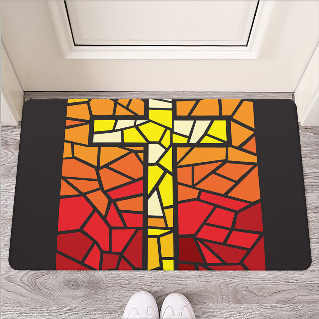 Orange And Red Stained Glass Cross Print Rubber Doormat