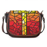 Orange And Red Stained Glass Cross Print Saddle Bag