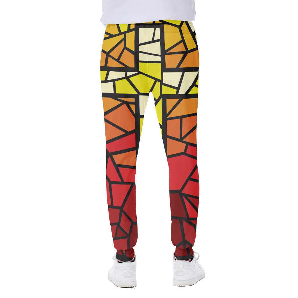 Orange And Red Stained Glass Cross Print Scuba Joggers