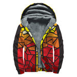 Orange And Red Stained Glass Cross Print Sherpa Lined Zip Up Hoodie
