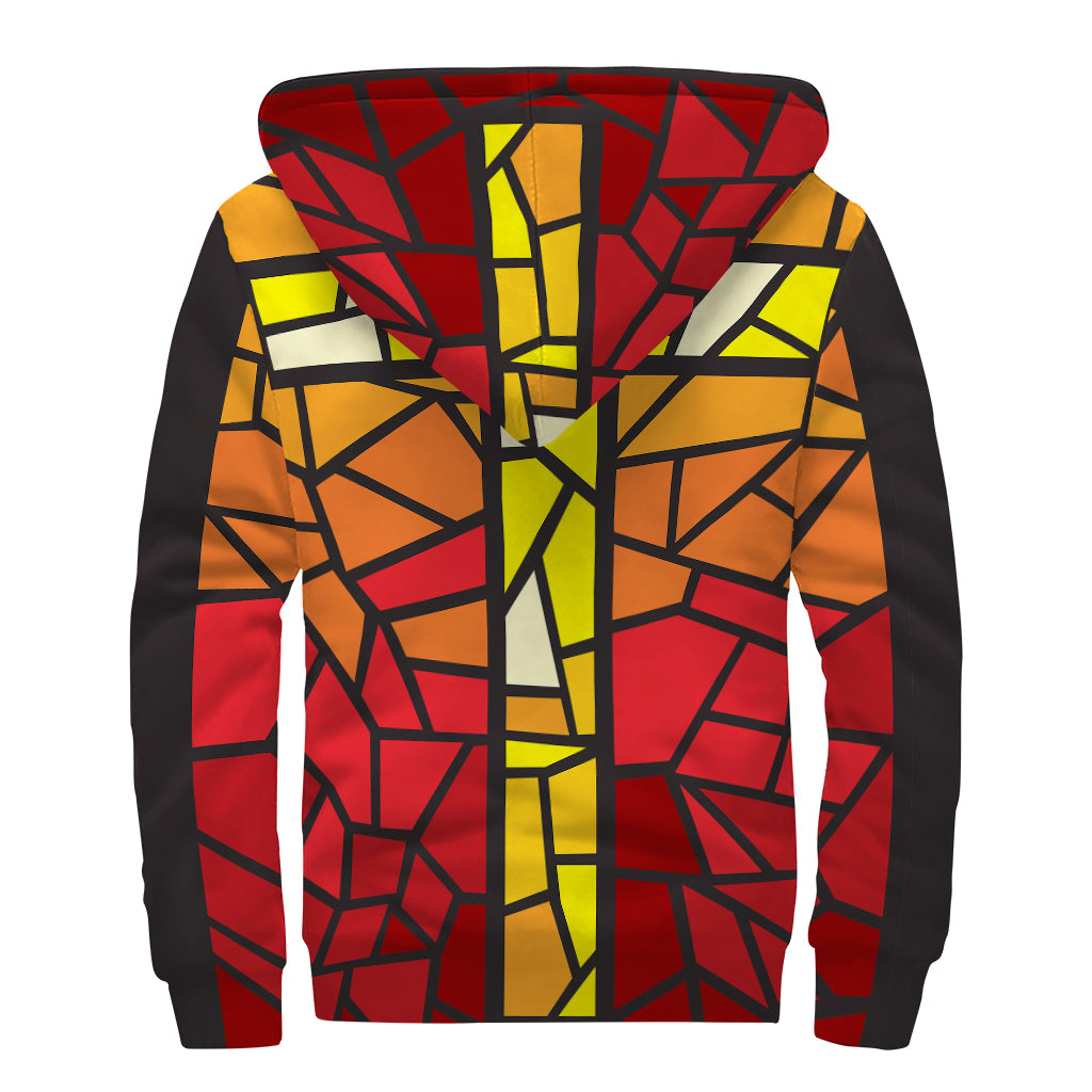 Orange And Red Stained Glass Cross Print Sherpa Lined Zip Up Hoodie