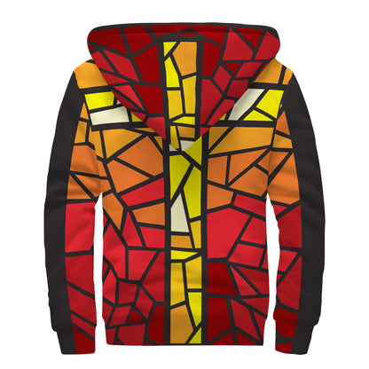 Orange And Red Stained Glass Cross Print Sherpa Lined Zip Up Hoodie