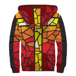Orange And Red Stained Glass Cross Print Sherpa Lined Zip Up Hoodie