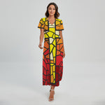 Orange And Red Stained Glass Cross Print Short Sleeve Maxi Dress