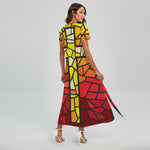 Orange And Red Stained Glass Cross Print Short Sleeve Maxi Dress