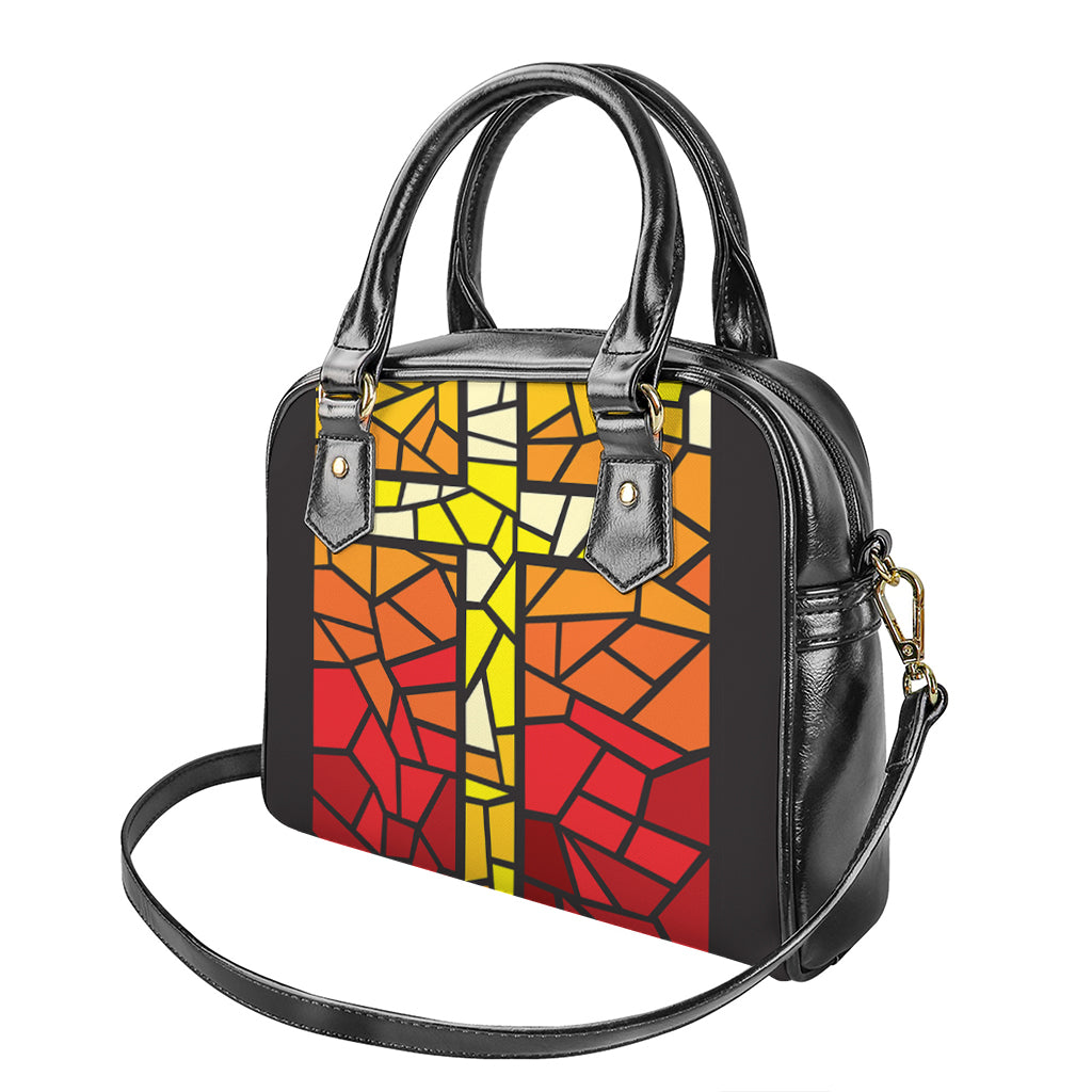 Orange And Red Stained Glass Cross Print Shoulder Handbag