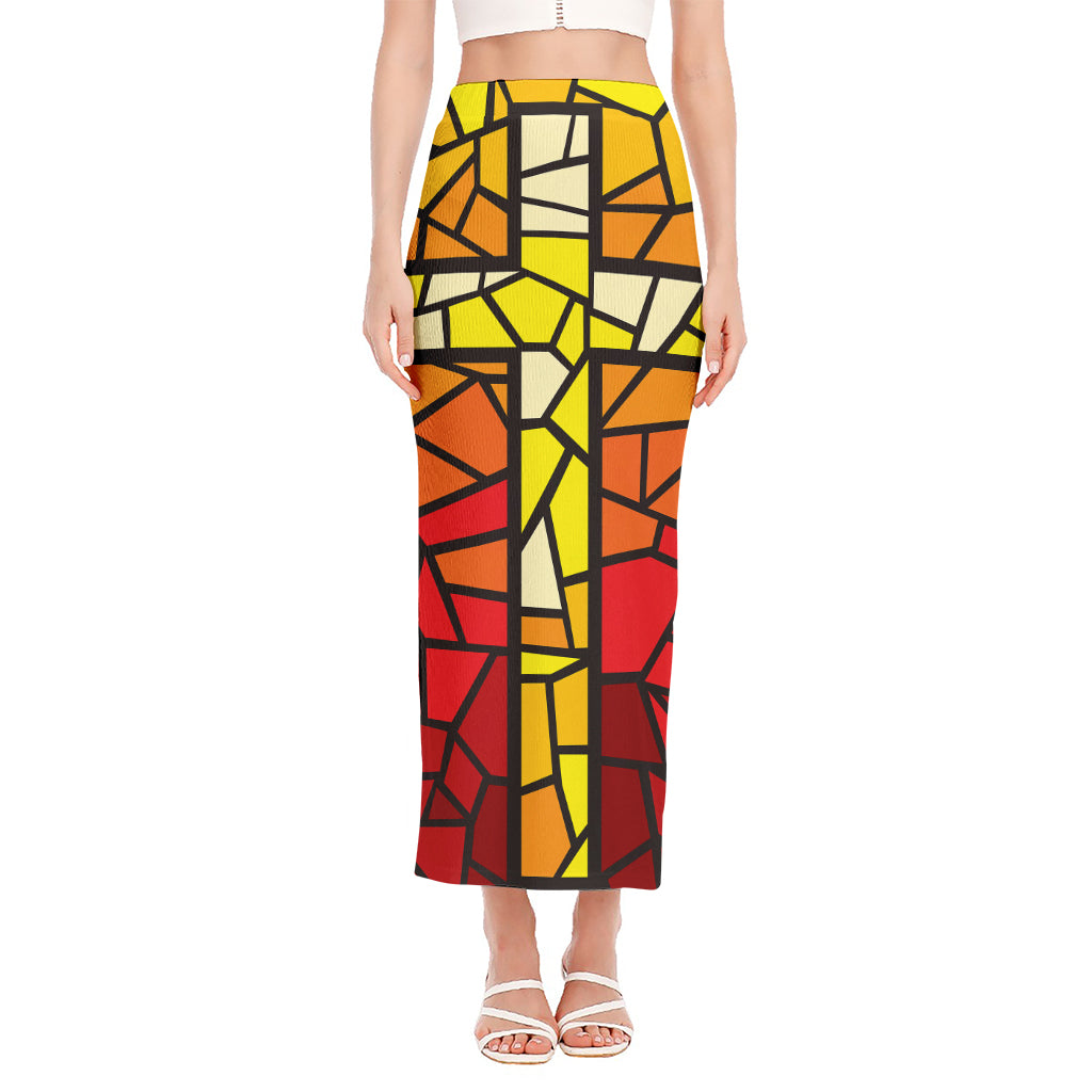 Orange And Red Stained Glass Cross Print Side Slit Maxi Skirt