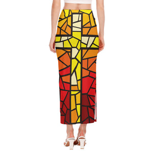 Orange And Red Stained Glass Cross Print Side Slit Maxi Skirt