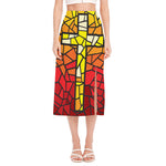 Orange And Red Stained Glass Cross Print Side Slit Midi Skirt