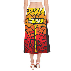 Orange And Red Stained Glass Cross Print Side Slit Midi Skirt