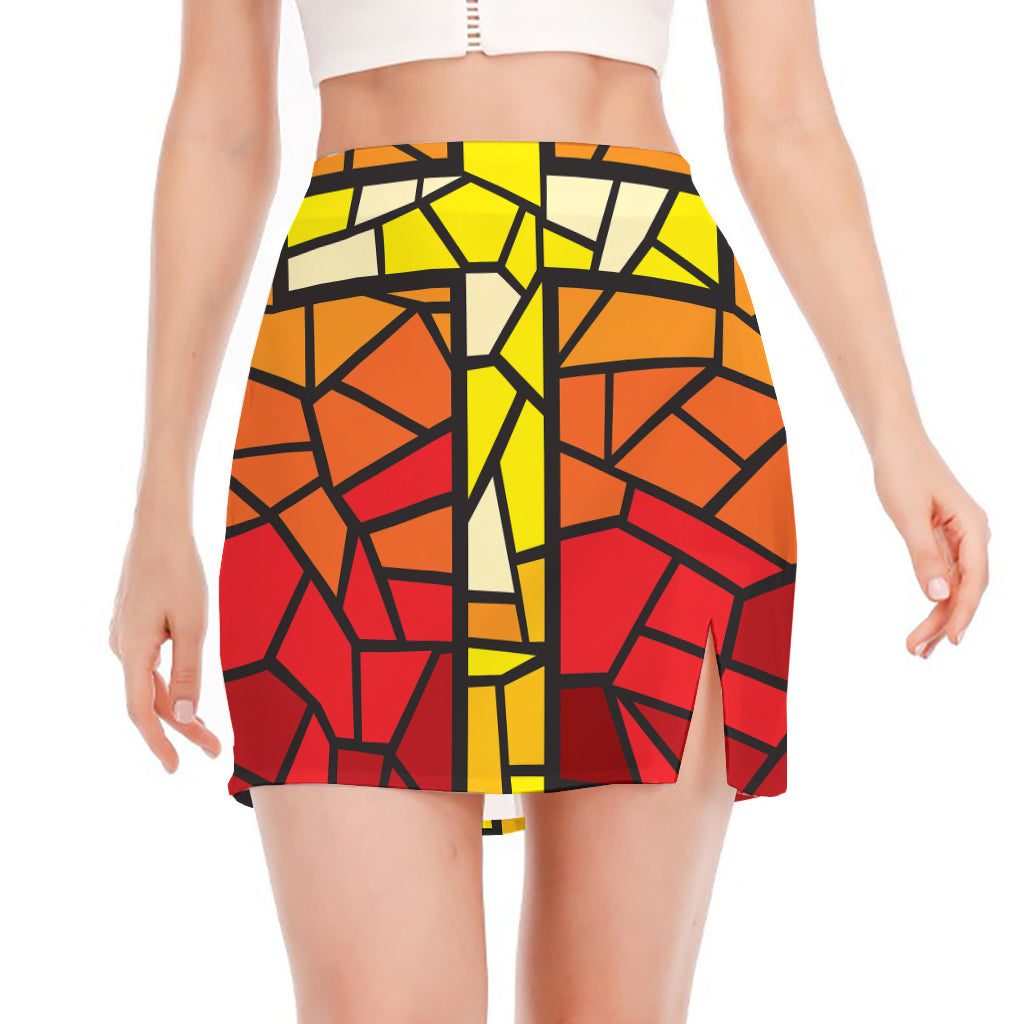 Orange And Red Stained Glass Cross Print Side Slit Mini Skirt