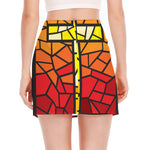 Orange And Red Stained Glass Cross Print Side Slit Mini Skirt