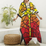 Orange And Red Stained Glass Cross Print Silk V-Neck Kaftan Dress