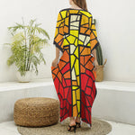 Orange And Red Stained Glass Cross Print Silk V-Neck Kaftan Dress