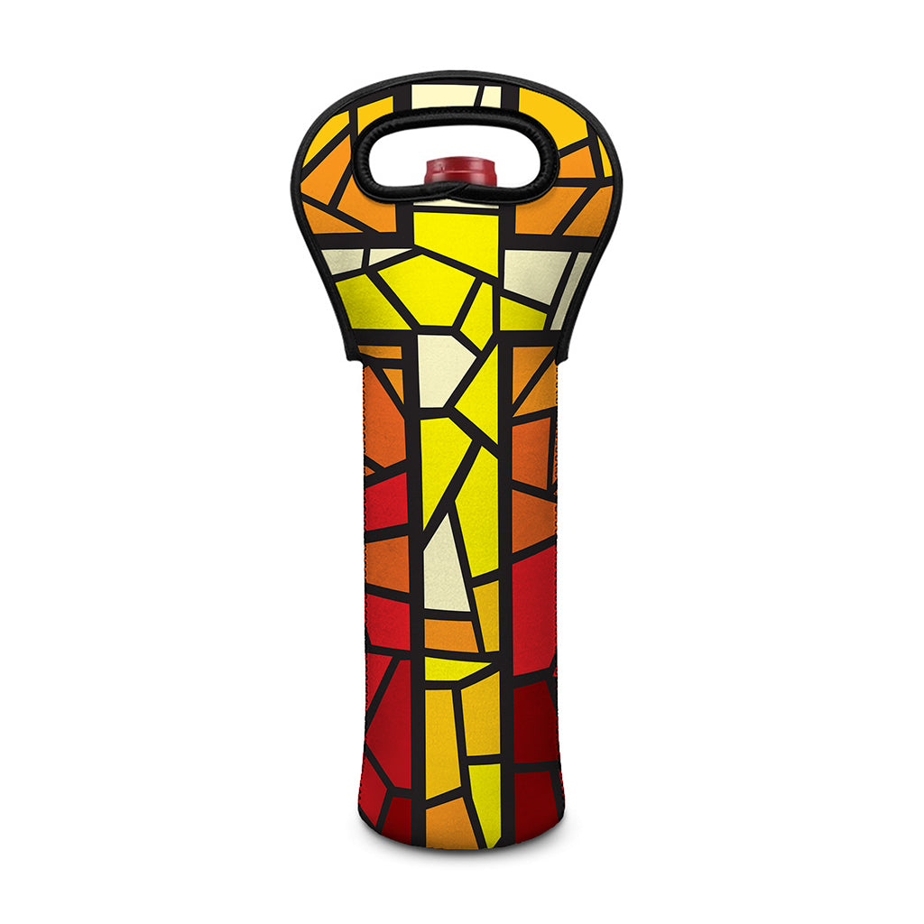 Orange And Red Stained Glass Cross Print Single Neoprene Wine Tote