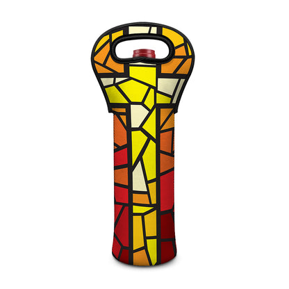Orange And Red Stained Glass Cross Print Single Neoprene Wine Tote