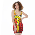 Orange And Red Stained Glass Cross Print Sleeveless Bodycon Dress