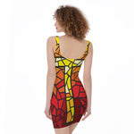 Orange And Red Stained Glass Cross Print Sleeveless Bodycon Dress