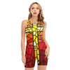 Orange And Red Stained Glass Cross Print Sleeveless One Piece Swimsuit