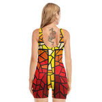 Orange And Red Stained Glass Cross Print Sleeveless One Piece Swimsuit