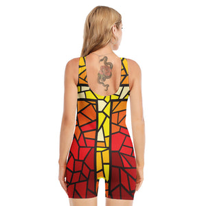 Orange And Red Stained Glass Cross Print Sleeveless One Piece Swimsuit