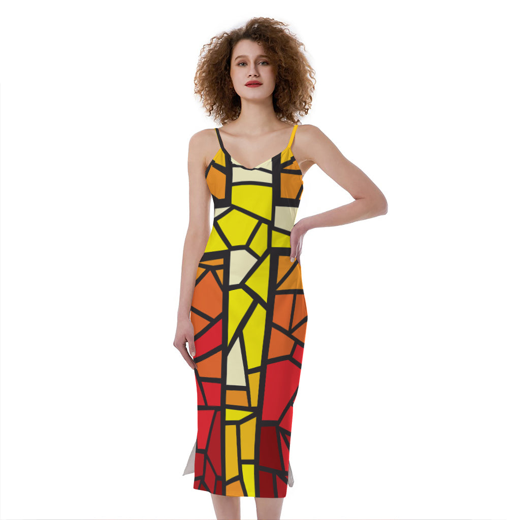 Orange And Red Stained Glass Cross Print Slim Fit Midi Cami Dress