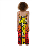 Orange And Red Stained Glass Cross Print Slim Fit Midi Cami Dress