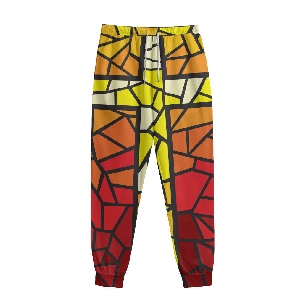 Orange And Red Stained Glass Cross Print Sweatpants