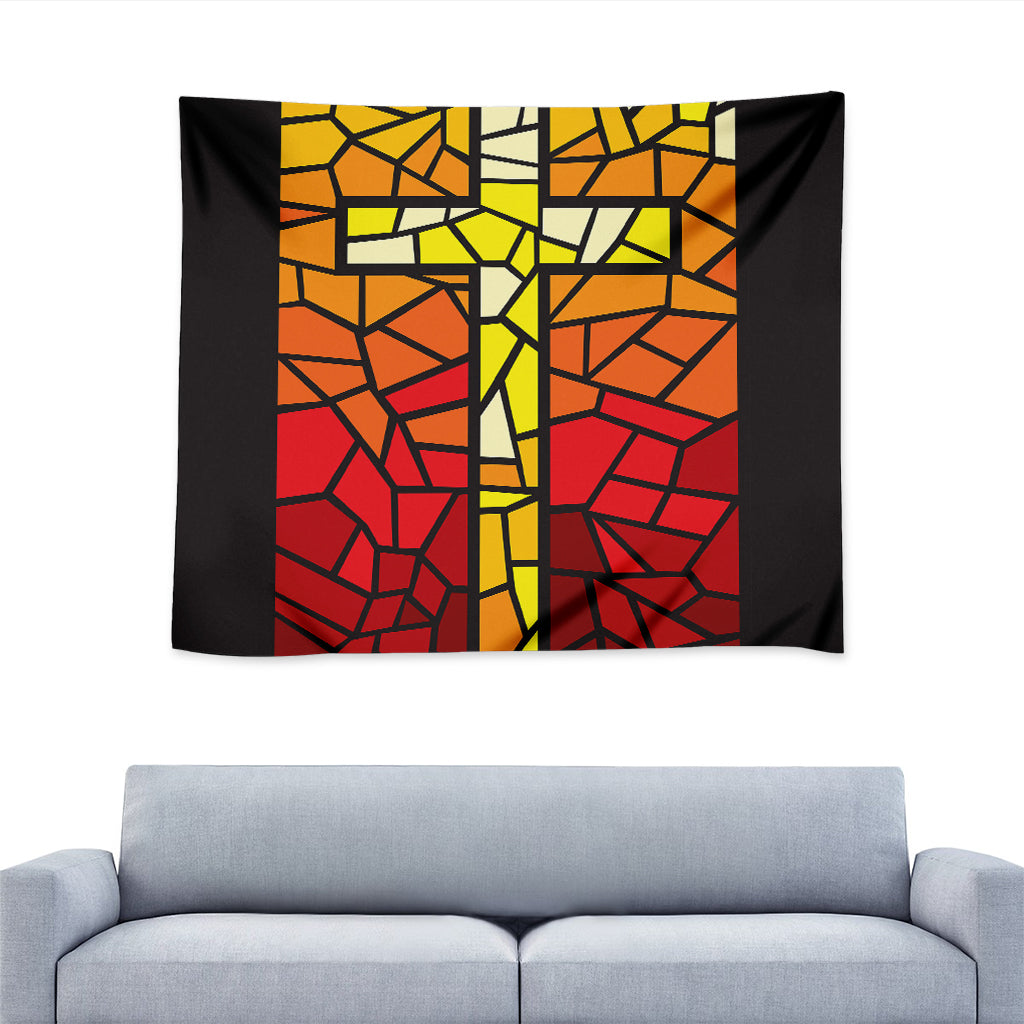 Orange And Red Stained Glass Cross Print Tapestry