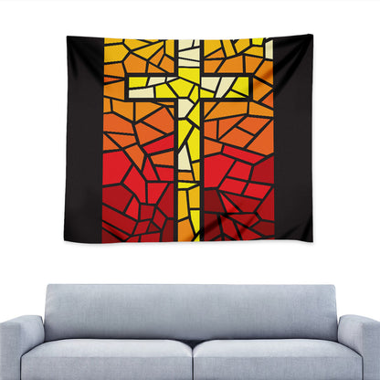 Orange And Red Stained Glass Cross Print Tapestry