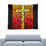 Orange And Red Stained Glass Cross Print Tapestry