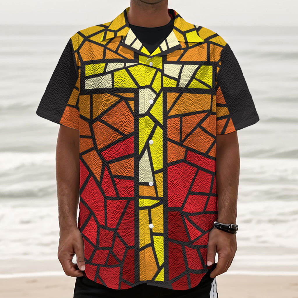 Orange And Red Stained Glass Cross Print Textured Short Sleeve Shirt