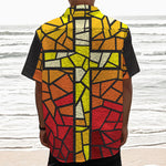 Orange And Red Stained Glass Cross Print Textured Short Sleeve Shirt