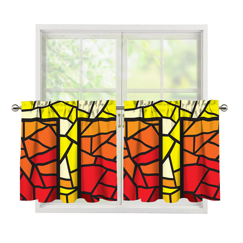 Orange And Red Stained Glass Cross Print Tier Curtains