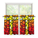 Orange And Red Stained Glass Cross Print Tier Curtains