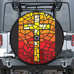 Orange And Red Stained Glass Cross Print Tire Cover With Camera Hole