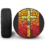 Orange And Red Stained Glass Cross Print Tire Cover With Camera Hole