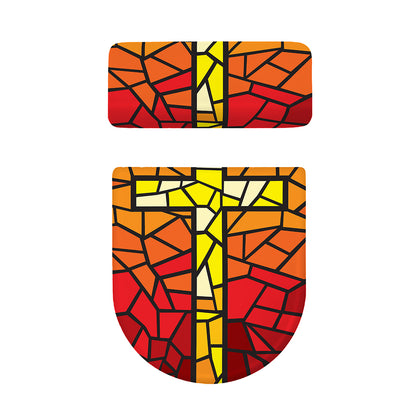 Orange And Red Stained Glass Cross Print Toilet Lid And Tank Cover Set
