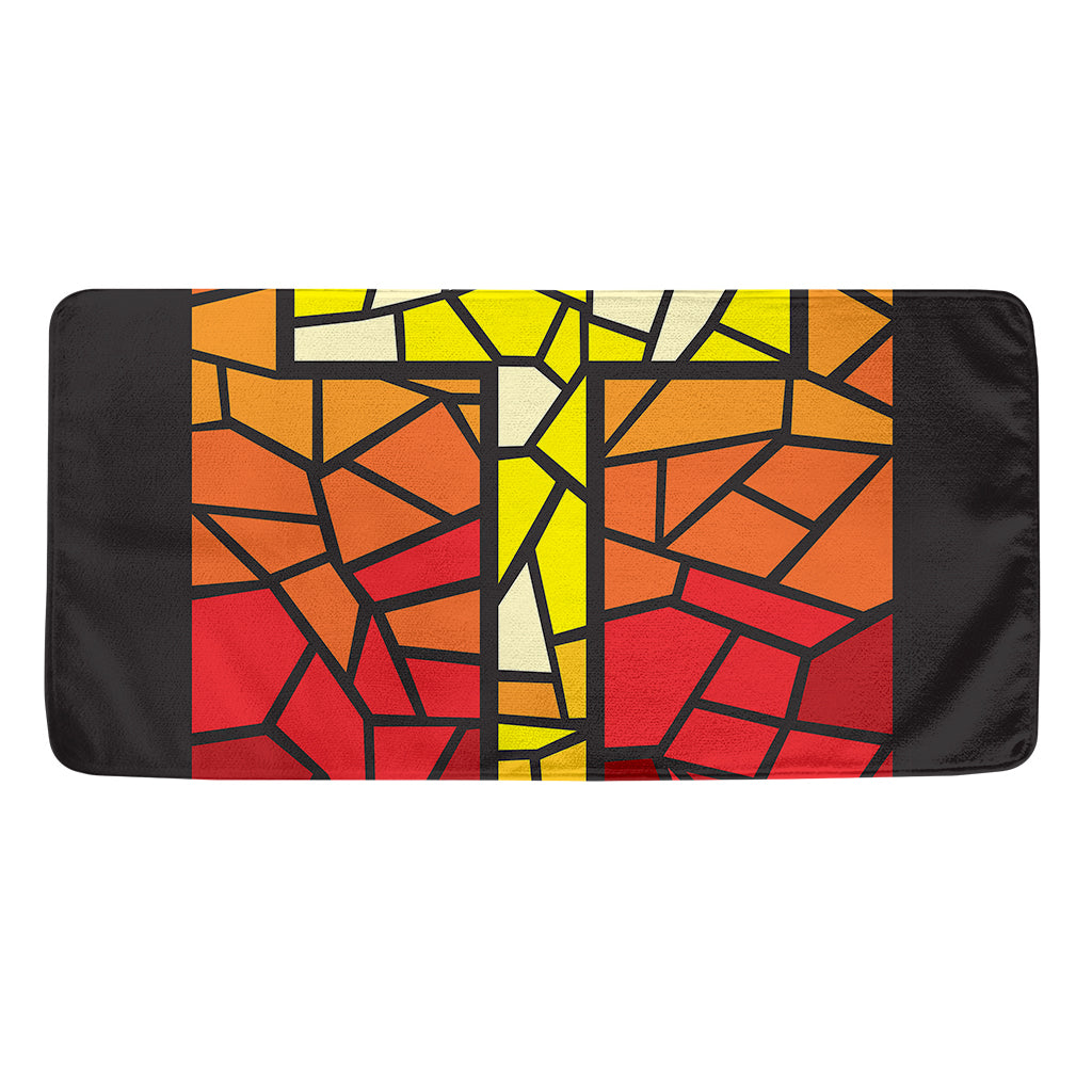 Orange And Red Stained Glass Cross Print Towel