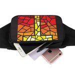 Orange And Red Stained Glass Cross Print Waist Bag