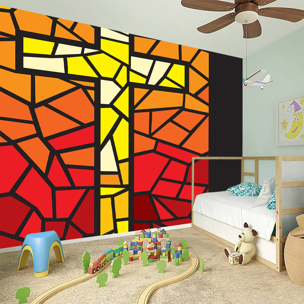 Orange And Red Stained Glass Cross Print Wall Sticker