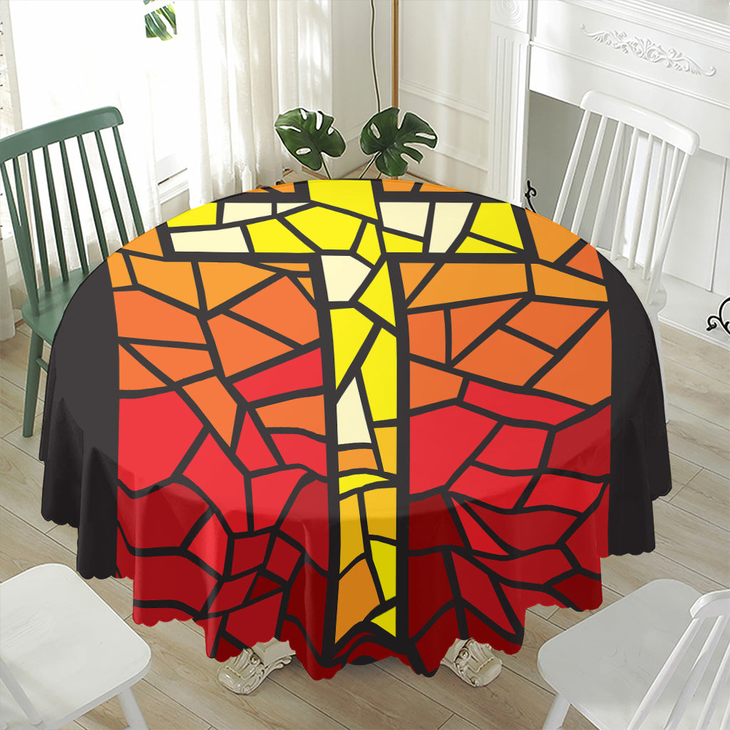 Orange And Red Stained Glass Cross Print Waterproof Round Tablecloth