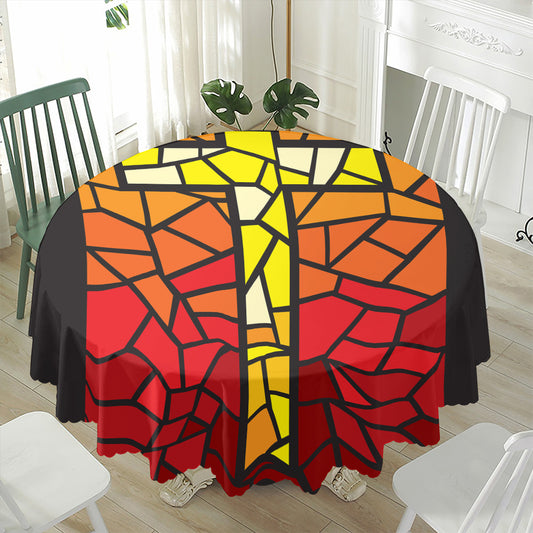 Orange And Red Stained Glass Cross Print Waterproof Round Tablecloth