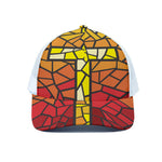 Orange And Red Stained Glass Cross Print White Mesh Trucker Cap