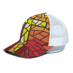 Orange And Red Stained Glass Cross Print White Mesh Trucker Cap