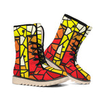 Orange And Red Stained Glass Cross Print Winter Boots