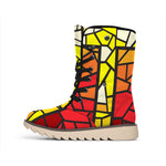 Orange And Red Stained Glass Cross Print Winter Boots