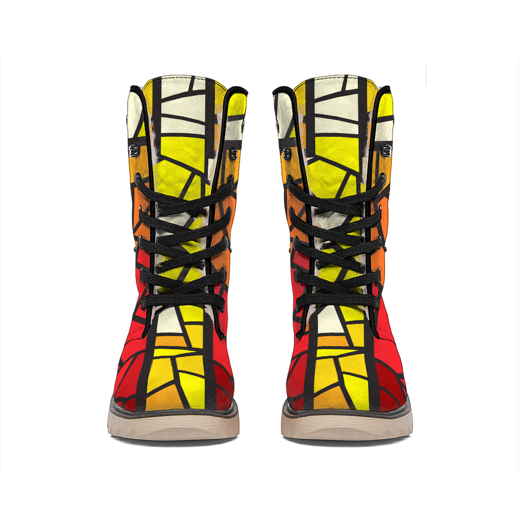 Orange And Red Stained Glass Cross Print Winter Boots