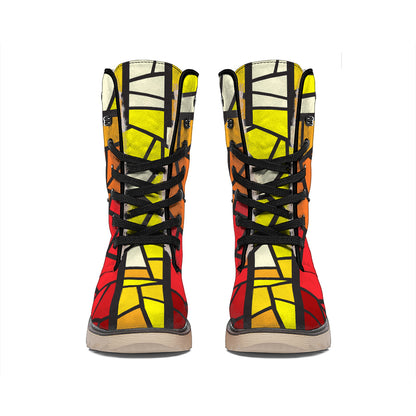Orange And Red Stained Glass Cross Print Winter Boots